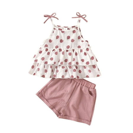 

Fesfesfes Toddler Baby Kids Girls Strap Bow Ruffles Tops Solid Shorts Pants Outfits Set