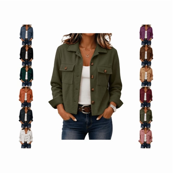 LNZGNM Jackets for Women Corduroy look Cropped Blazer Fashion Button down Long Sleeve shirt with Pocket Fall Winter Outwear,Army Green (L)