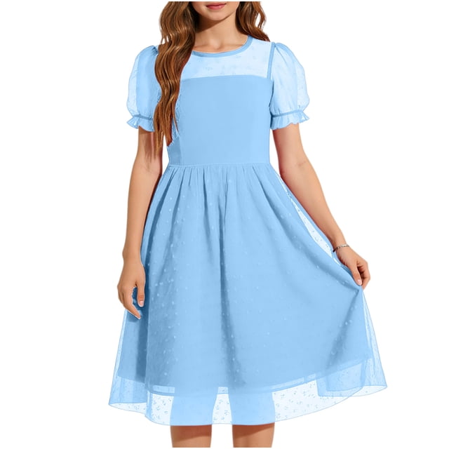 Yanlir Robe en Maille à Pois pour Filles avec Manches Bouffantes et Jupe Fluide Respirante Robe de Soirée pour Grandes Enfants Col Rond Doux Manchette à Volants Occasion Décontractée et Formelle (Bleu Clair, 10-12 Ans)