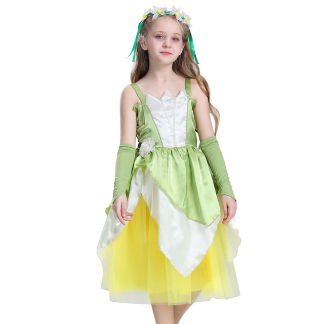 KAWELL Costume d'Halloween Vert pour Filles, Robe de Conte de Fées Princess pour Cosplay Carnaval