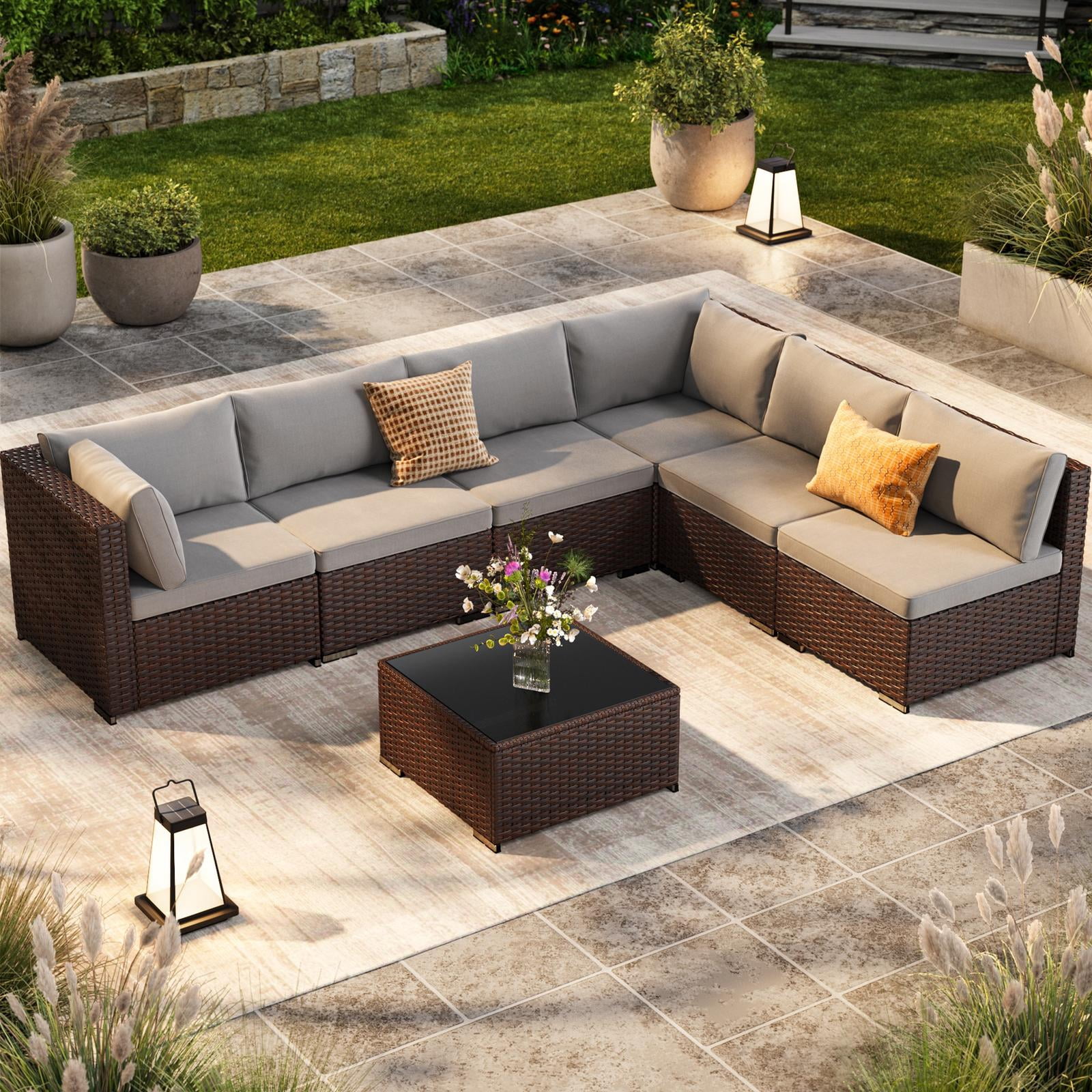Noelse 7 Piece Outdoor Patio Furniture Set,Outdoor Sectional Furniture Set with Glass Coffee Table, Cushion, for Garden, Porch, Gray