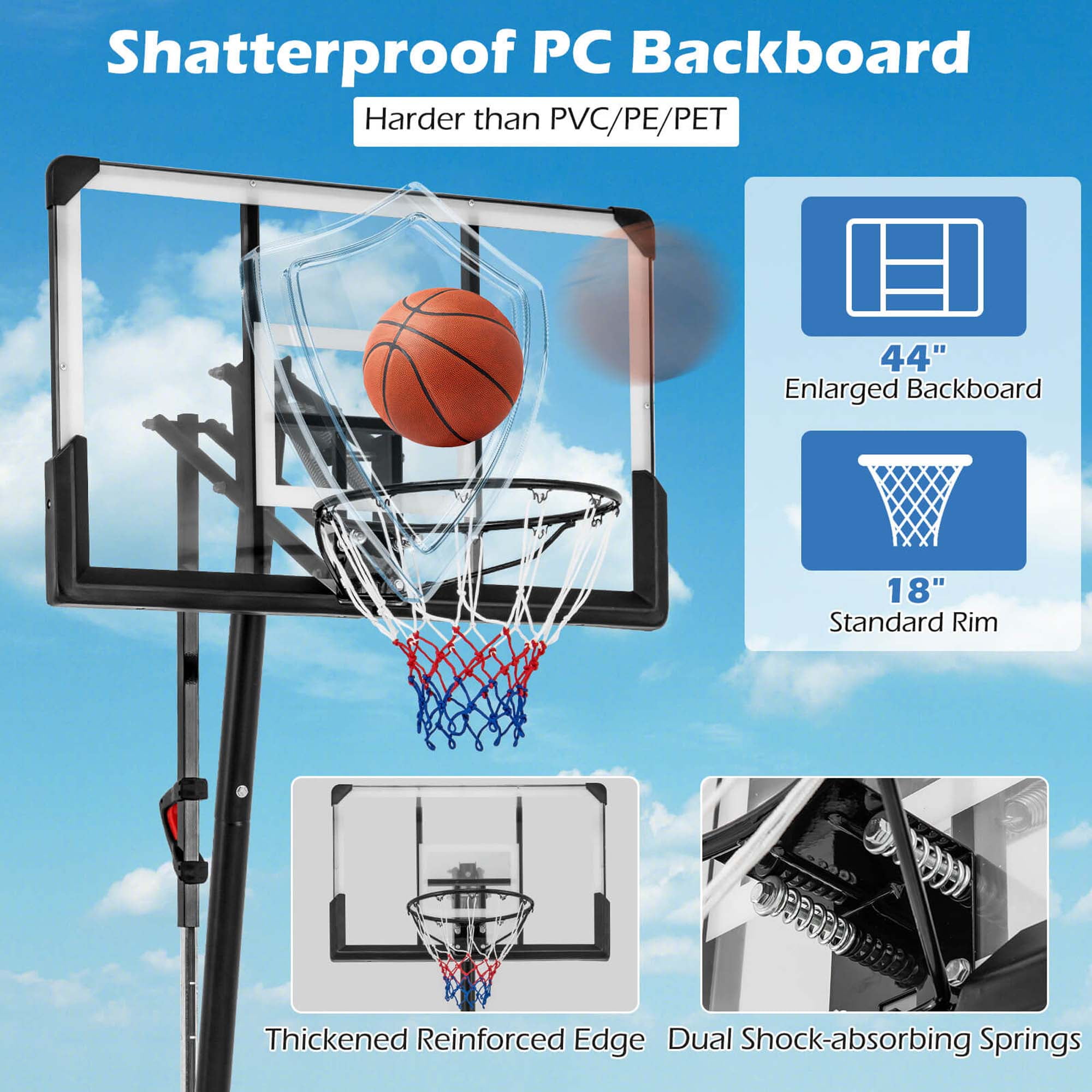 Goplus 4.9-10 FT Basketball Hoop System with 44 Inch Shatterproof Backboard with Wheels