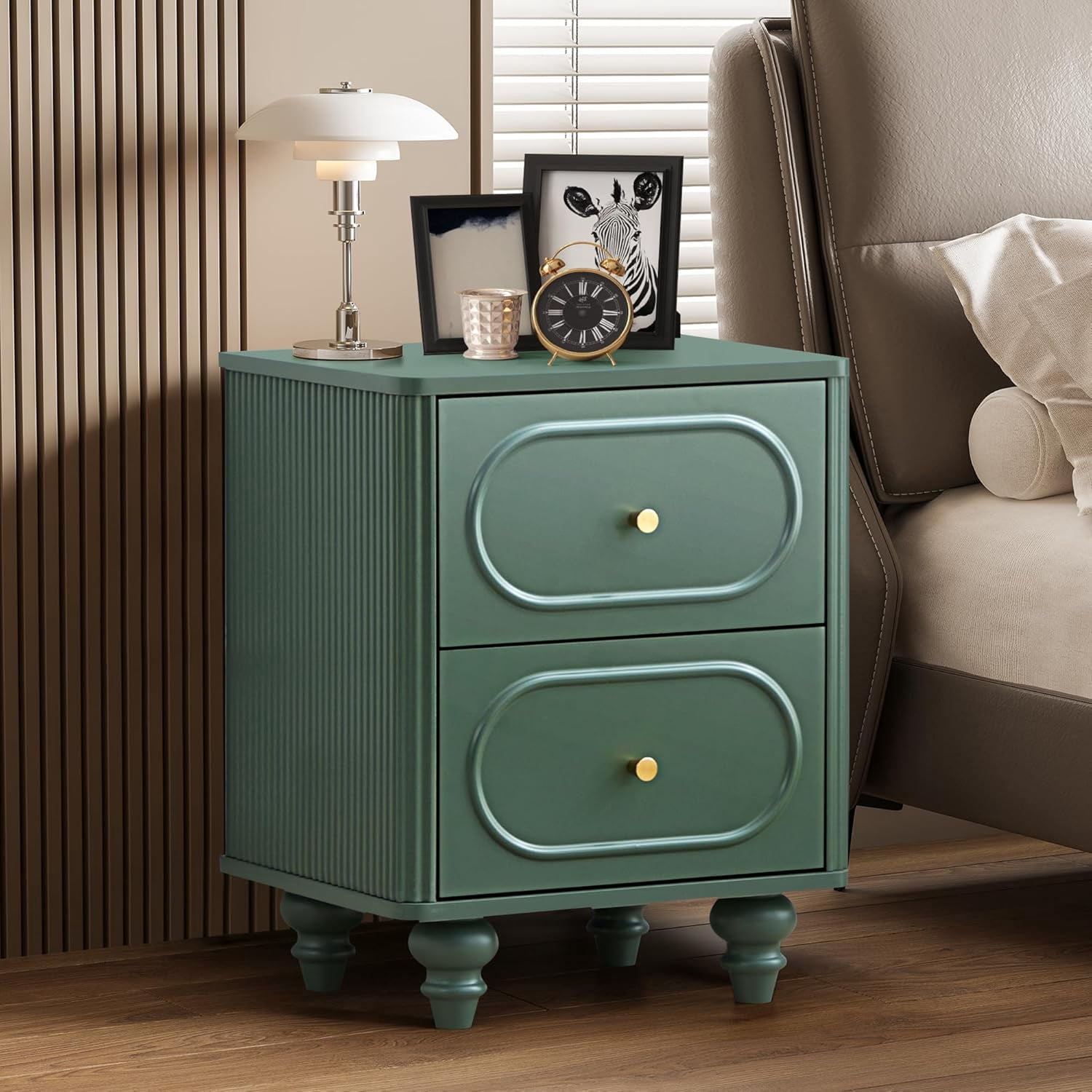 Wirrytor 2 Drawer Fluted Nightstand Set of 2, Mid Century Modern Farmhouse Bedside Table,Sofa Table, Small End Table Bedside Table for Bedroom Living room, Green