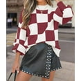 thumbnail image 4 of Women'S Fall Fashion Roll-Neck Long Sleeve Plaid Ribbed Knit Loose Pullover Sweater Tops Burgundy Checkered XL, 4 of 9