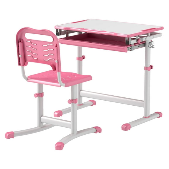 Kids Desk and Chair Set, Adjustable Height Pink Study Table with Tilt Desktop, Storage Drawer & Hook for Ages 6-12