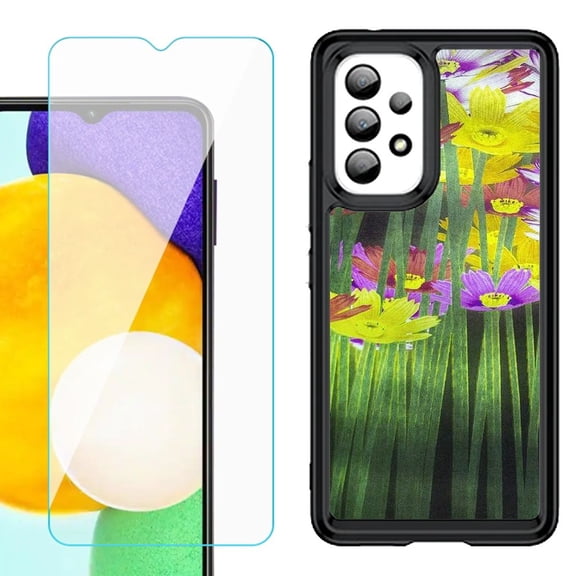 Shockproof Bumper (Black Frame) phone Case for Samsung Galaxy A23 5G, with Tempered Glass Screen Protector, by OneToughShield ® - Dream Flower