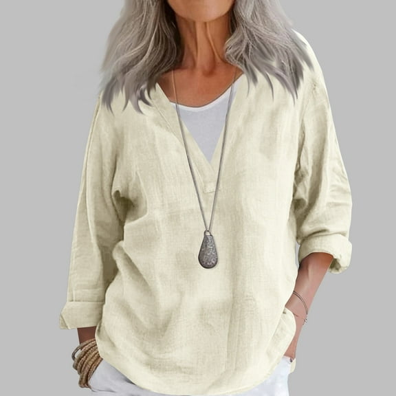 Babysbule Women's V-Neck Long Sleeve Cotton Linen Top, Lightweight Soft Spring Summer Blouse, Stylish Loose Fit Shirt for Daily Wear