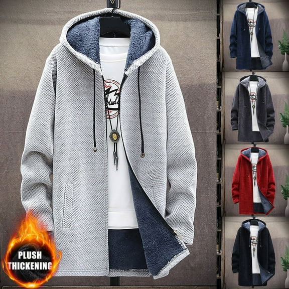 Miluxas Mens Hooded Long Cardigan Sweaters Fleece Lined Full Zip Knitted Coat Fashion Regular Fit Sweater Coat Silver