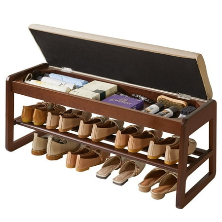 Shoe Rack Bench with Cushion, 2 Tiers Wood Shoe Bench with Flip-Top Storage,39.37in Shoe Rack for Entryway,Hallway,Walnut Color YD-WD062B