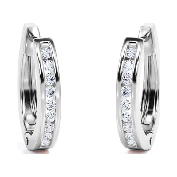 JeenMata Classic Pave-Channel 0.5 Carat Round Cut Diamond Semi-Eternity Chunky Hoop Earrings in 18K White Gold Plating over Silver