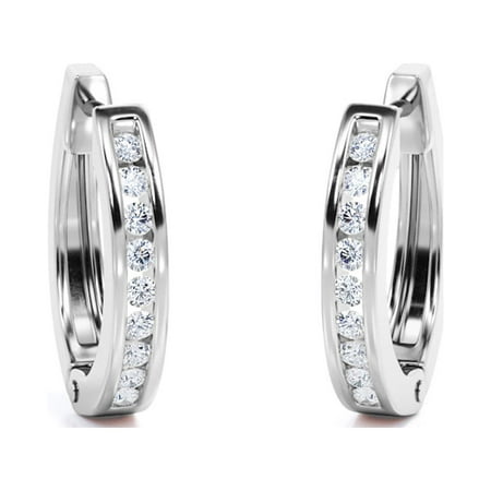 JeenMata Classic Pave-Channel 0.5 Carat Round Cut Diamond Semi-Eternity Chunky Hoop Earrings in 18K White Gold Plating over Silver