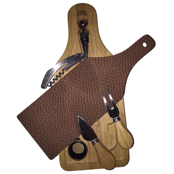 KuzmarK Wine & Cheese Glass Cutting Board Wood Box Gift Set - Football Skin