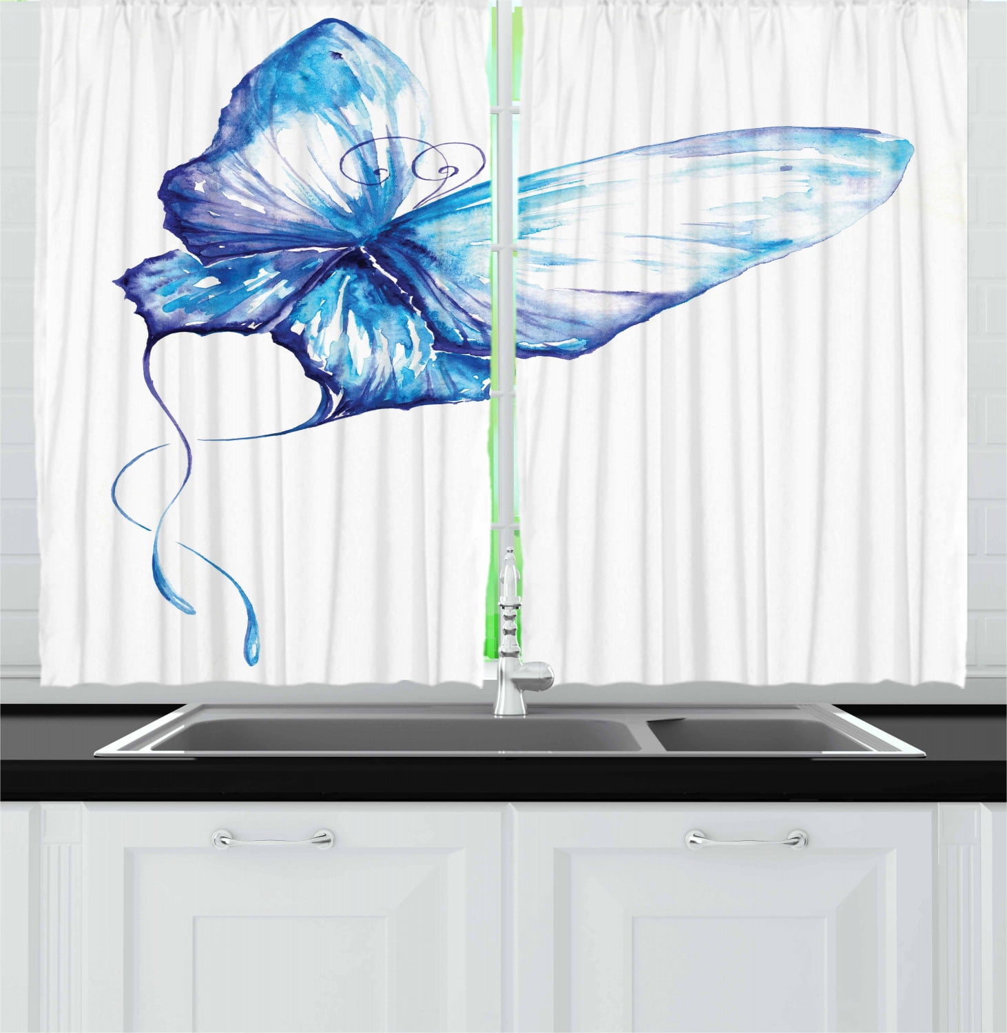 Watercolor Curtains 2 Panels Set, Hand Drawn Style Blue Butterfly