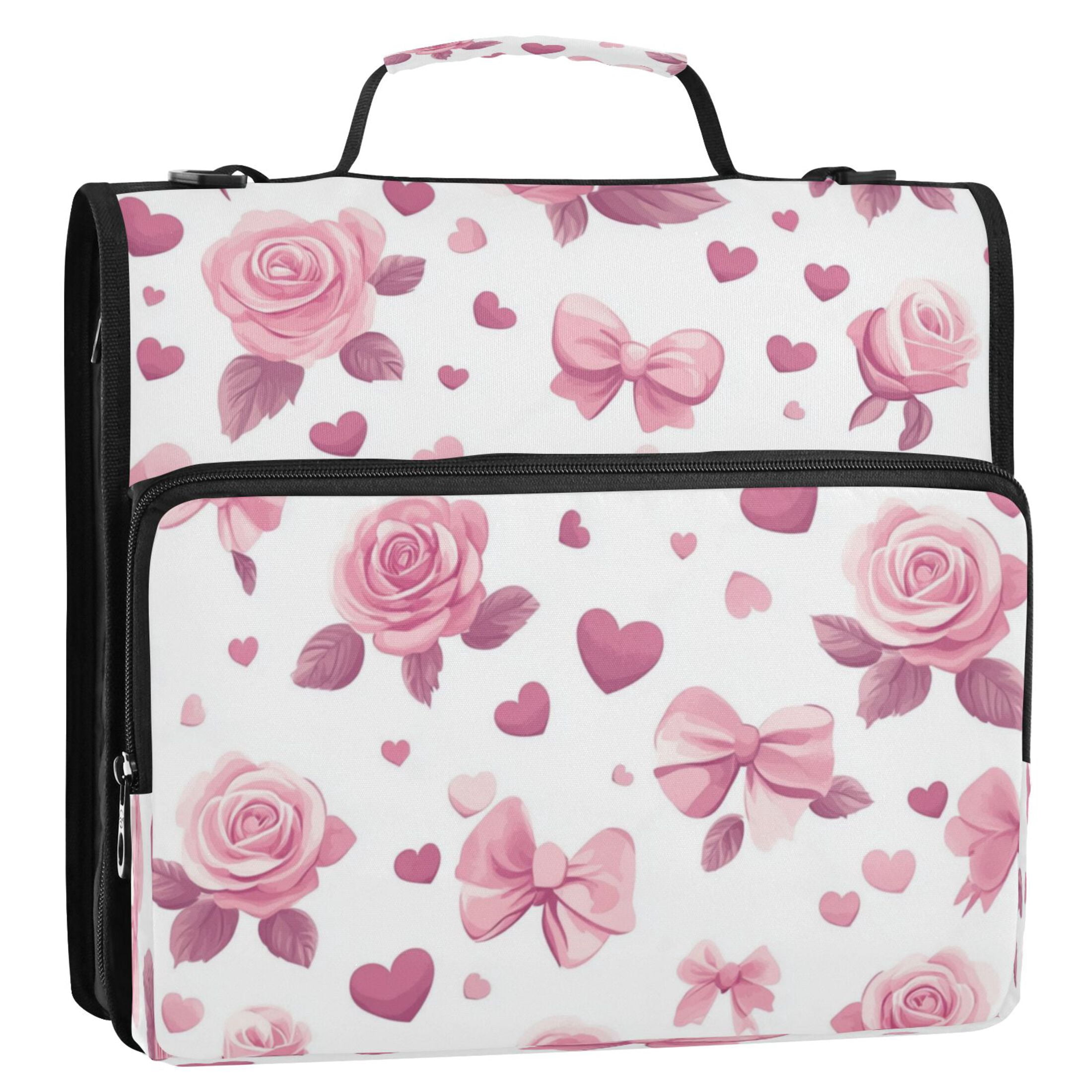Water-Resistant 3-Ring Binder Organizer with Multiple Pockets Zipper Binder Bag for Office Pink Roses and Bows