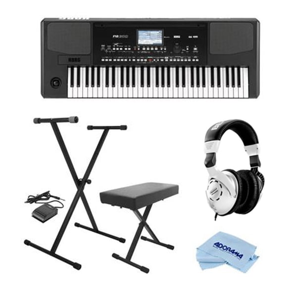 Korg PA300 61 Keys Professional Arranger, 950  Sounds, USB-MIDI Interface, - Bundle With On-Stage KPK6520 Keyboard Stand/Bench Pack with Sustain Pedal, Closed-Back Studio Monitor Headphones, Cloth