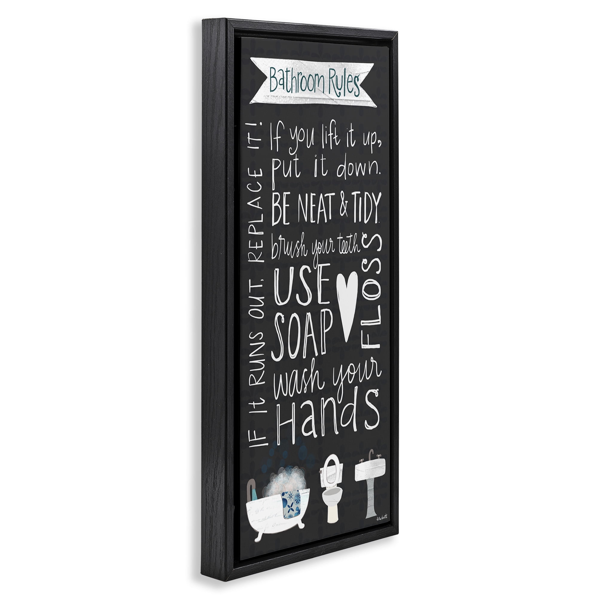 Stupell Industries Whimsical Bathroom Rules Sign Typography Painting Black Floater Framed Canvas Art Print Wall Art, 11 x 25