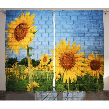 Ambesonne Floral Curtains 2 Panel Set, Sunflowers on the Wall, 108" x 90", Yellow Green