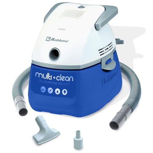 Aspiradora portátil Koblenz WD-402 KG4 para seco y húmedo, tanque de 3 galones, 1.75 HP, serie Designer con accesorios incluidos, elimina pelo de mascotas, chinches y ácaros, color blanco y azul.