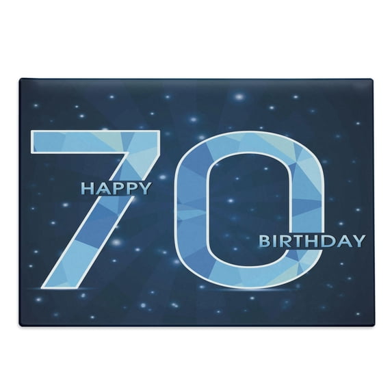 70th Birthday Cutting Board, Stars Space Theme with Geometrical Design 70 Years Old Party, Decorative Tempered Glass Cutting and Serving Board, Large Size, Dark Blue and Sky Blue, by Ambesonne