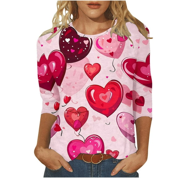 Tbopshirt Valentine's Day T-Shirts for Women 3/4 Sleeve,Casual Crewneck Loose Love Heart Graphic Tees Summer Plus Size Tops,S-XXXXXL