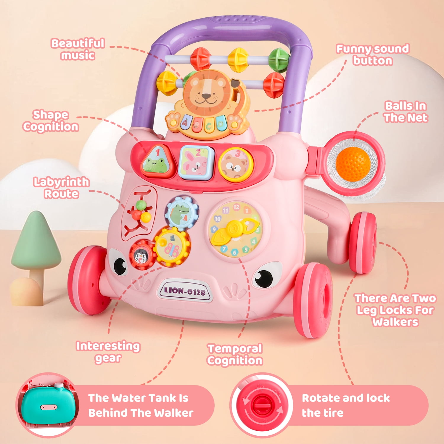 Flooyes Baby Push Walker Toys, Sit to Stand Toddler Learning Push Toys for 6-18 Months, Baby Walking Toys 6-12 Months,Early Learning Push Toys for Toddlers ,Pink
