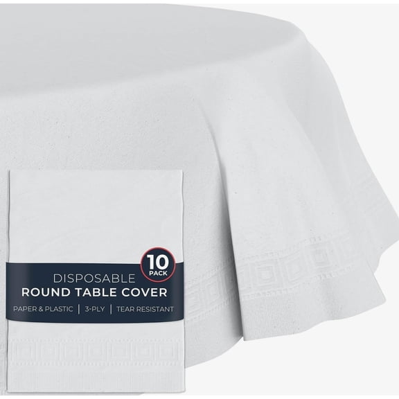 Paper Tablecloths for Round Tables 82" with White Paper Plastic Disposable 10 Pack, White