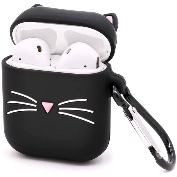 Linda funda para Airpods, funda para Airpods 2, divertidos animales de dibujos animados en 3D, bigote negro, gato, gatito, protección completa, a prueba de golpes, funda de silicona suave con llavero para Airpods 1 y 2 BANYUO Electrónica