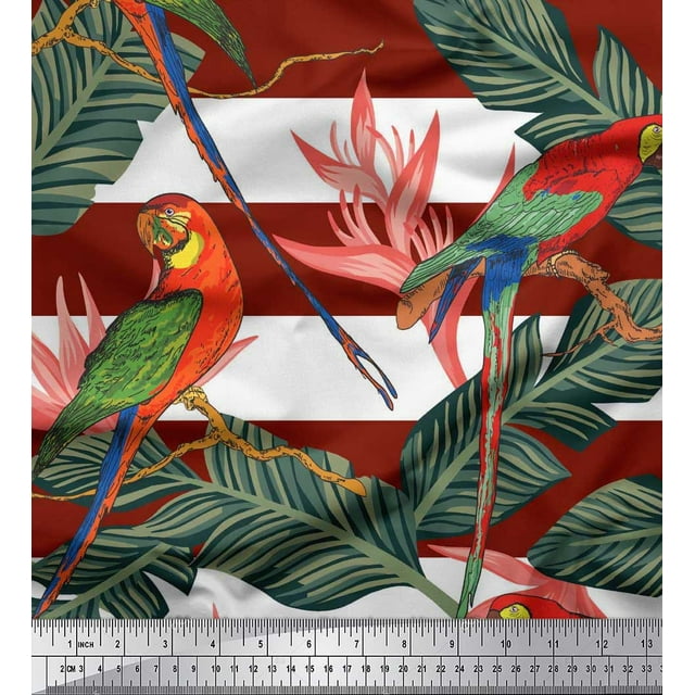 Soimoi Tissu Crêpe polyester Feuilles Tropicales, Rayures & Imprimé Perroquet 1 Yard 52 Pouces de Large