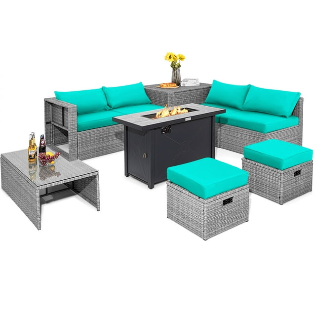 Patiojoy 9 PCS Patio Furniture Set with 42" 60,000 BTU Fire Pit Outdoor Space-Saving Sectional Sofa Set with Storage Box Turquoise