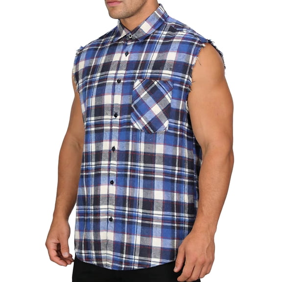 VgaVtl Summer Men's Tanks Big and Tall Collared Mens Undershirts Plaid Blue Sleeveless Cardigan Leisure Holiday Tops