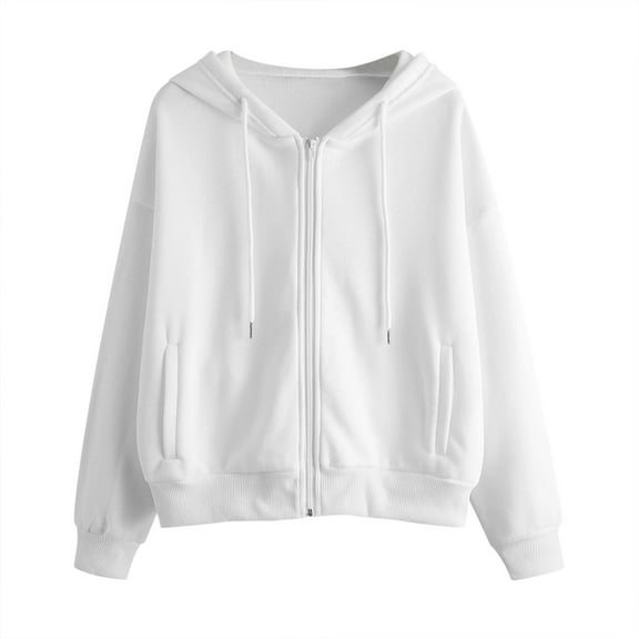 Ecqkame Crop Hoodies for Teen Girls Sweatshirt Women Casual Solid Long Sleeve Zipper Pocket Shirt Hooded Sweatshirt Tops White M
