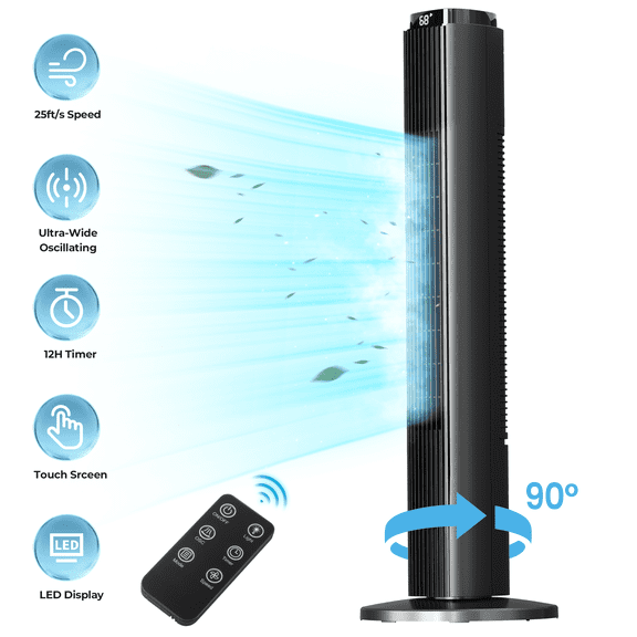 KISSAIR 37" Tower Fan with Remote, 6 Speeds, 4 Modes, LED Display, 12H Timer, 90° Oscillating, Bladeless Quiet Fan for Bedroom, Home & Office, Black