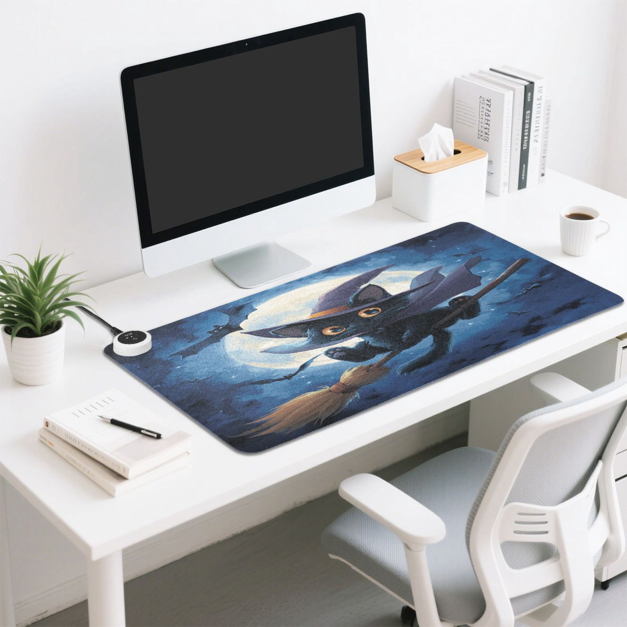 Large Heated Desk Mat Mouse Pad 31.5"x13"PU Leather Graphene Heating Desk Warmer with 3 Temperature Settings 110V US Plug Non-Slip Warm Pad for Home, Office, and Gaming Halloween Cape Black Cat