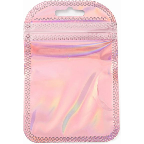 100Pcs Plastic Glitter Holographic Zip Lock Bag Resealable Packaging Bags Self Seal Bag Pink 3.94x2.56 Inch Smell Proof Bag Pouch Flat Food Storage Bags Packaging Foil Bags for Party Favor Making DIY