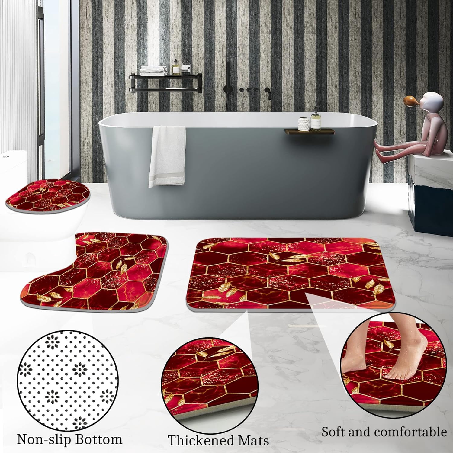 4 Pcs Bathroom Shower Curtain Set,Bathroom Sets with Rugs(Bath Mat,U Shape and Toilet Lid Cover Mat) and 12 Hooks,Sky Blue Honeycomb Marble