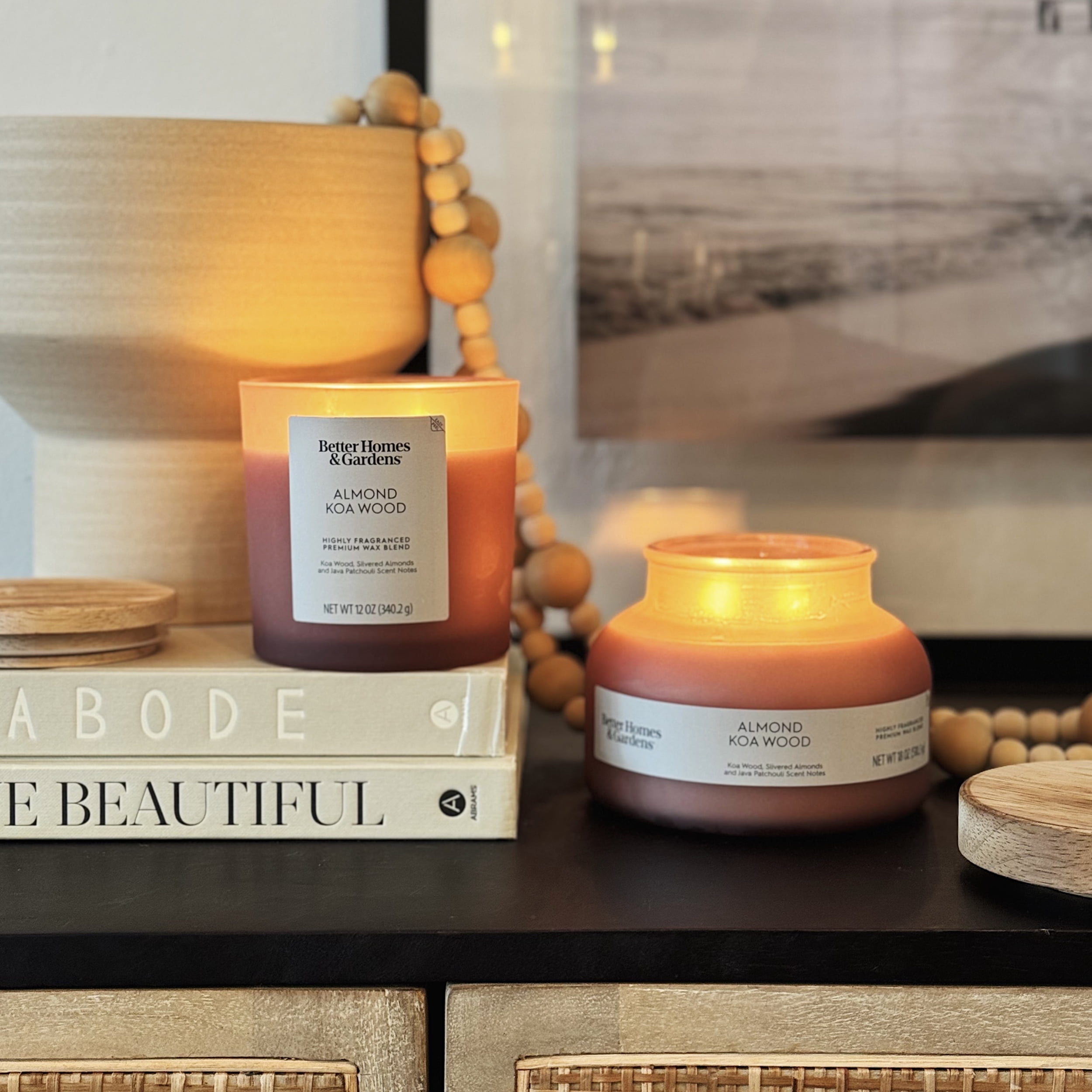 (2 pack) Better Homes and Gardens Almond Koa Wood Scented 2-Wick Frosted Jar Candle 12oz.