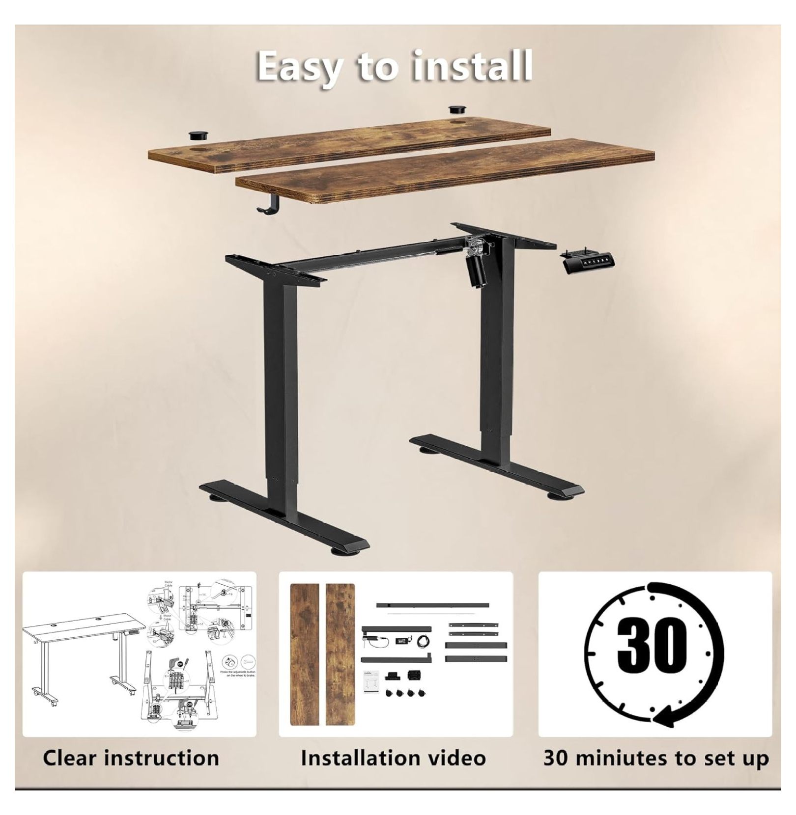 Electric Standing Desk x 24 inch for Home Office,Sit-Stand Adjustable Desk with Memory Presets,Height Adjustable Desk for Gaming/Working,Free Hook, Lockable Wheels,Brown