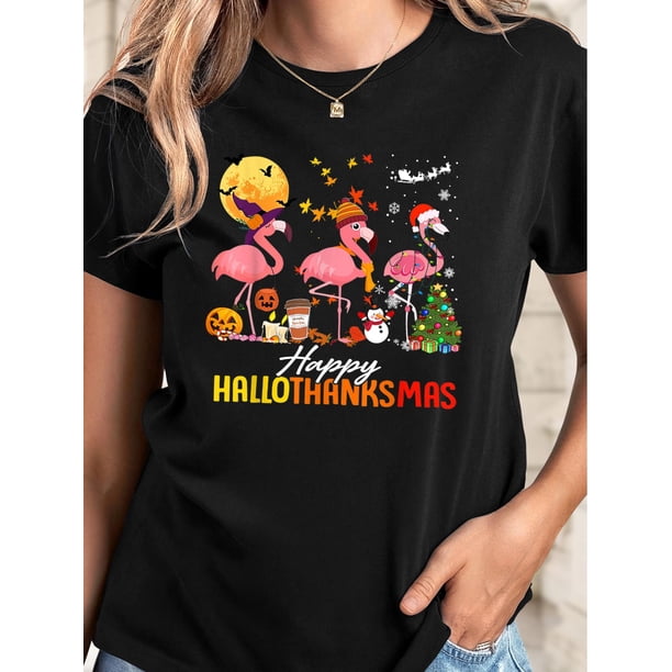 Women's Cute Flamingos Short Sleeved Crew Collar Casual T-shirt for Halloween, Merry Christmas, and Thanksgiving - Summer and Spring Wear Tee For Adult, Men, Women, Teen, Teenager, Adolescent, Youth