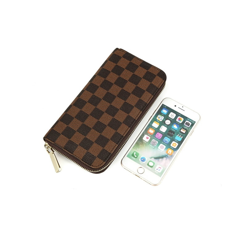 Zip Wristlet Wallet and Phone Clutch - RFID Blocking with Card Holder Organizer Brown Checkered