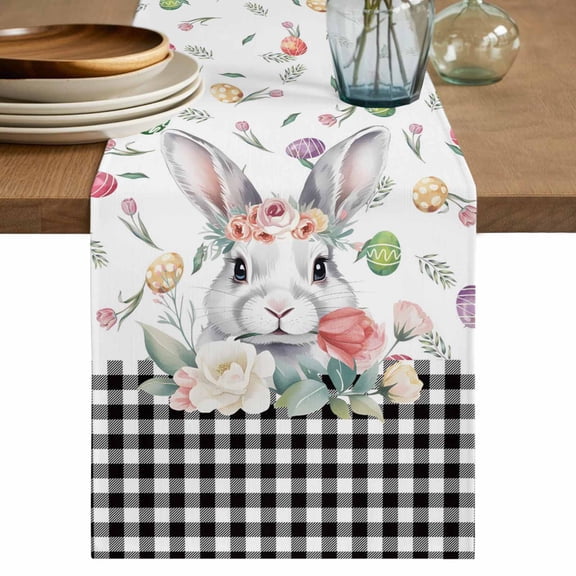 Table Runner 70 Inches Long for Kitchen Dining, Easter Dresser Scarf Farmhouse, Dining Table Decorations for Wedding/Parties, Spring Watercolor Bunny Eggs Flower Black Plaid 13 x 70 In