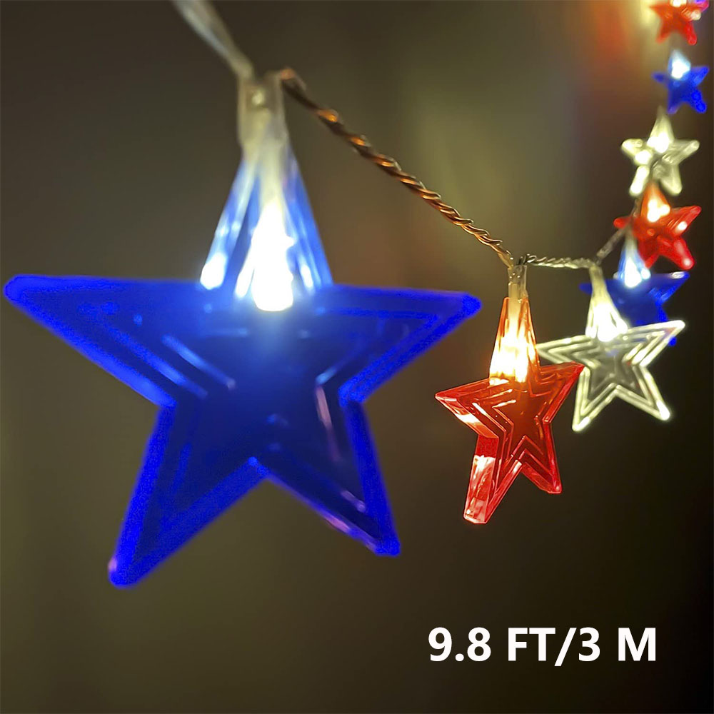 red white blue star string lights