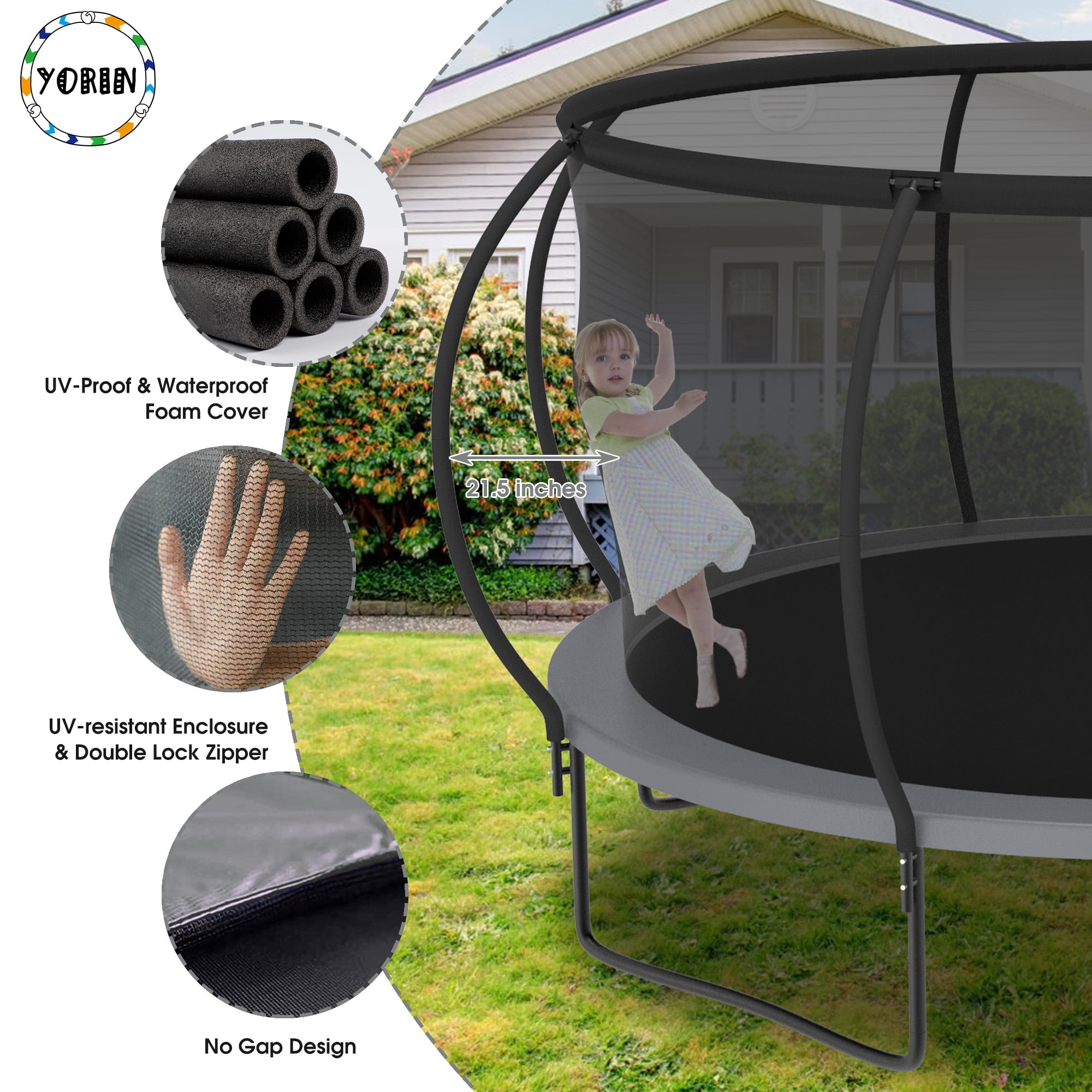 YORIN Trampoline, 14 FT Trampoline for 7-8 Kids Adults with Enclosure Net, Basketball Hoop, Ladder, 1400LBS Outdoor Round Recreational Trampoline, Heavy Duty Trampoline with Light, Sprinkler, Socks