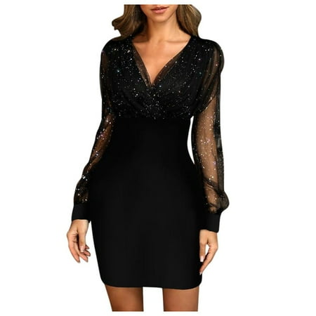 

Women s Elegant Glitter Semi Sheer Mesh Long Sleeve V Neck Ruched Stretchy Bodycon Party Cocktail Mini Dress