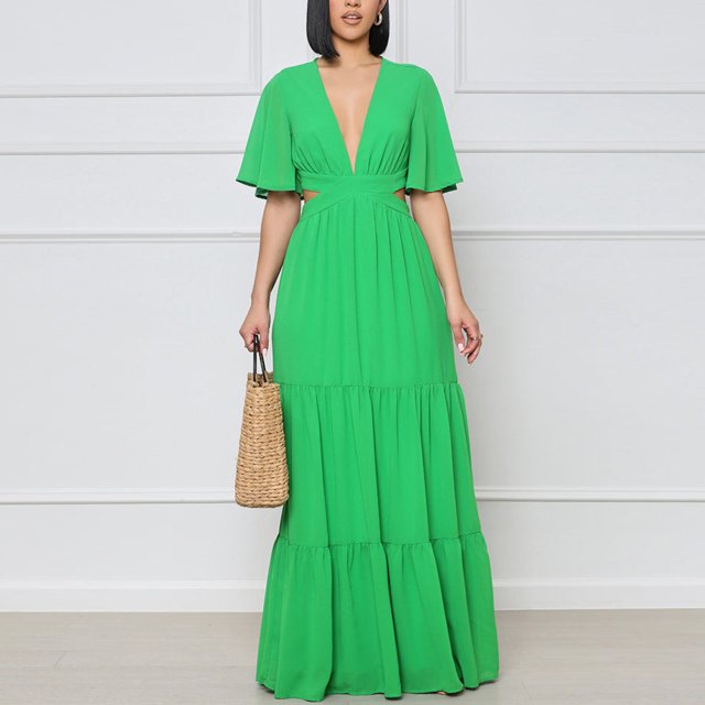 Jusqu'à 65 % de Réduction! Robes d'Été Mode pour Femmes 2024 Grande Taille Manches Courtes Couleur Col en V Robe Longue Douce Confortable