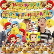 Cartoon Monkey Birthday Party Supplies, Includes Happy Birthday Banner, Latex Balloons, Cake Toppers for Curious George Theme Birthday Party Decorations