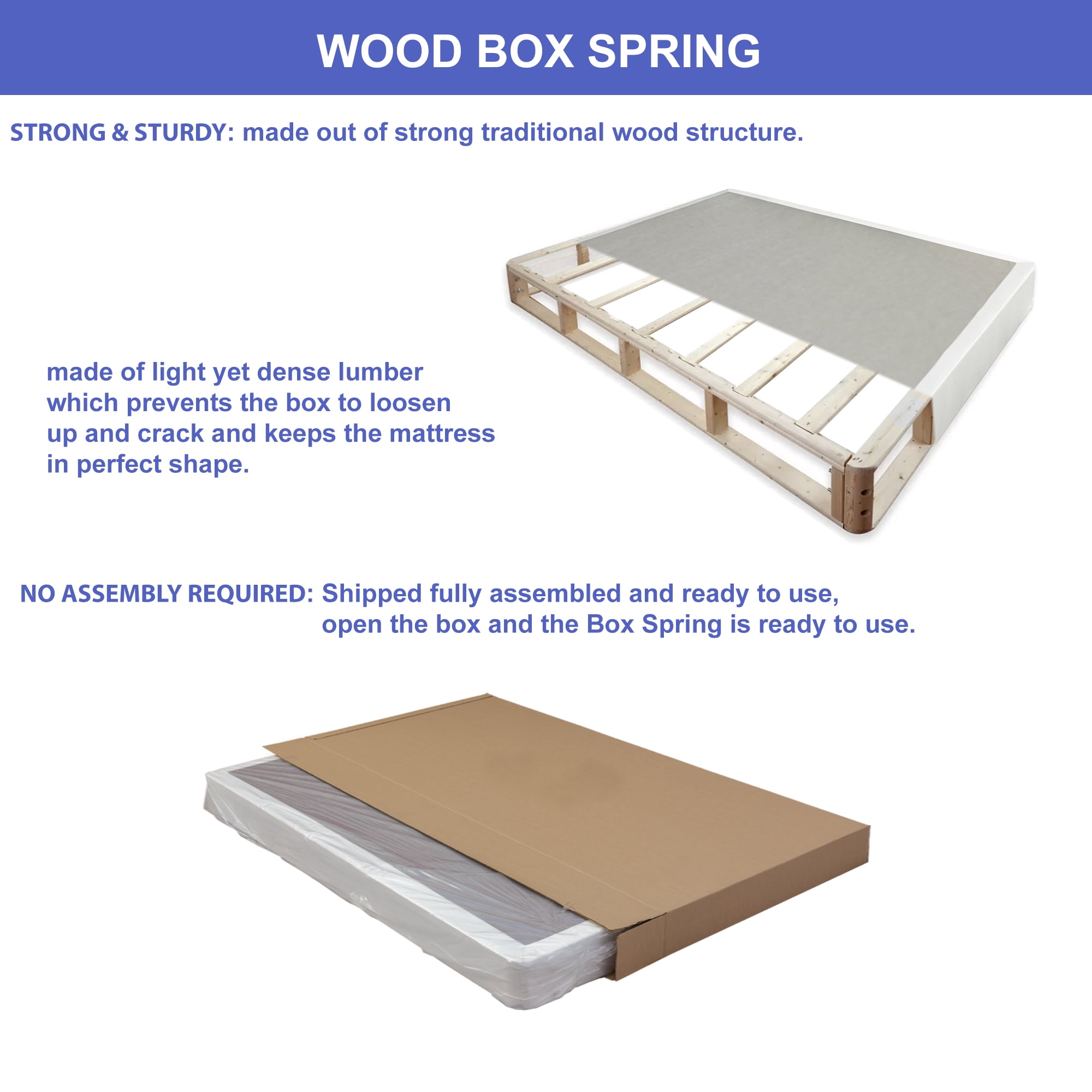 Wayton, 4" Split Sturdy Fully Assembled Wood Box Spring for Mattress, Full, White