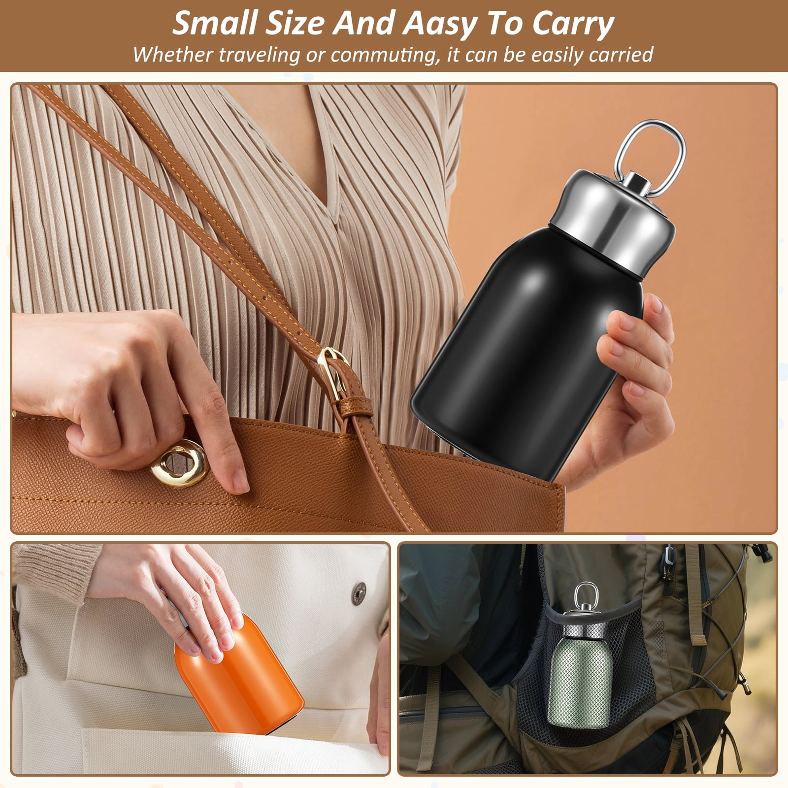 Grusce 4PCS 10.5oz Mini Water Bottles, Small Stainless Steel Insulated Bottle, Mini Thermal Coffee Flask for Cold/Hot Beverages Travel Camping Hiking