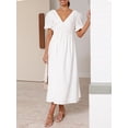 thumbnail image 2 of Faithtur Robe Longue Décontractée d'Été pour Femmes Couleur Unie Froncée Col en V Manches Courtes Mode Plage Vacances, 2 of 7