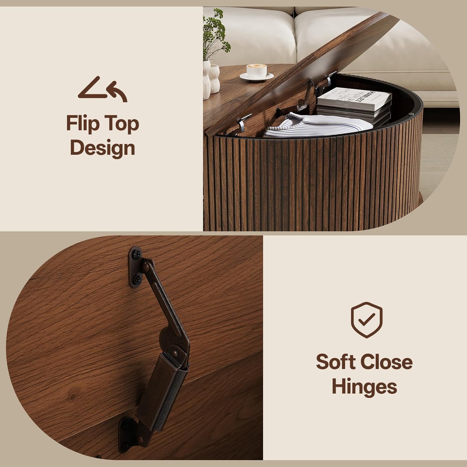 SELOOYE Mid Century Round Coffee Table, Fluted Center Table with Sliding Door, Modern Dining Table with Storage for Home Living Room Office, 31.5", Walnut