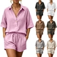 thumbnail image 2 of Womens 2 Piece Outfits Linen Shorts Set Half Sleeve Loose Lapel Shirt Summer Loungewear Beach Travel Sets with Pockets, 2 of 9